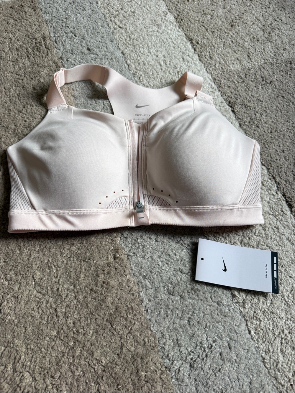 Nike Light Pink Front-Zip High Support Alpha Sports Bra- Medium (C-E)